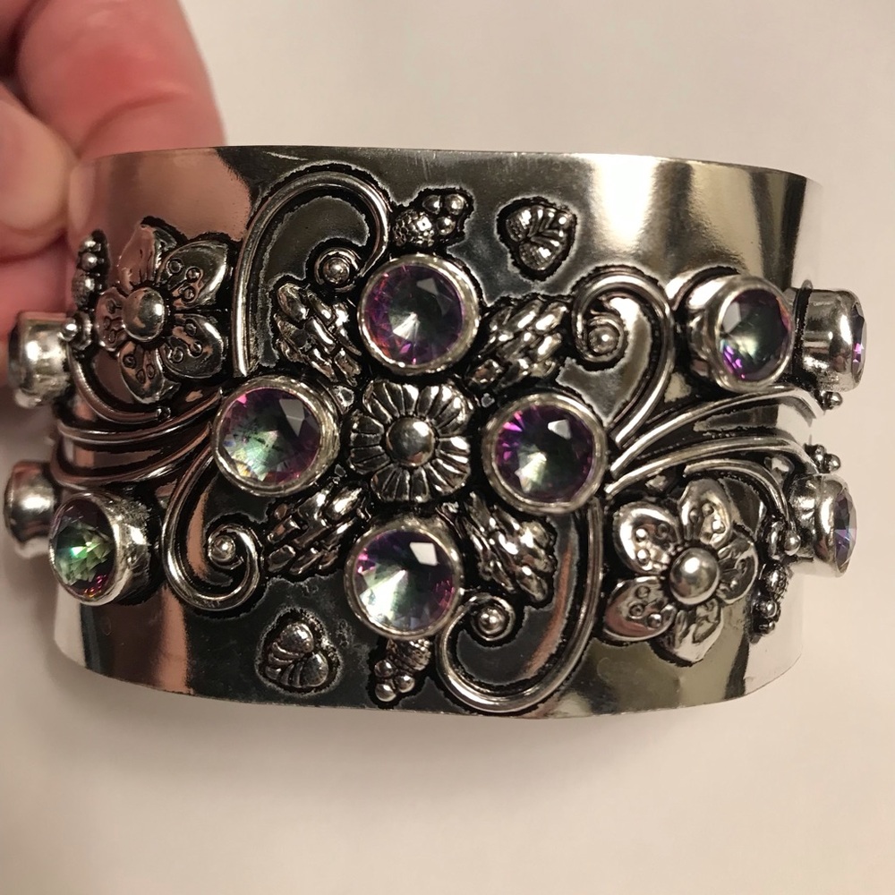 Mystic Topaz Stamped Solid 925 Sterling Silver Cuff Bracelet - Picture 2 of 4